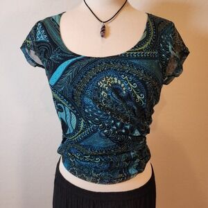 Apt. 9 Womens Top Medium Blue Green Paisley Print Ruched Sheer‎ Y2K